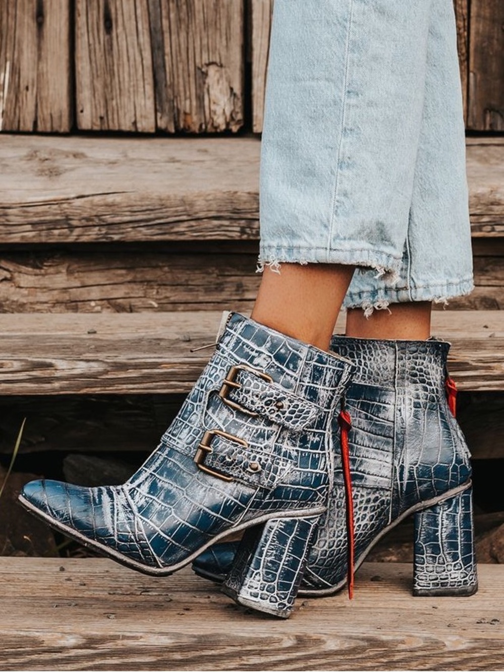 Freebird Joey Blue Croc-Embossed Buckle Ankle Booties